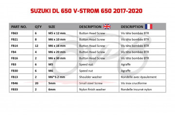 Kit de visserie AVDB spécifique pour carénages SUZUKI VSTROM 650 DL650 2017 - 2020
